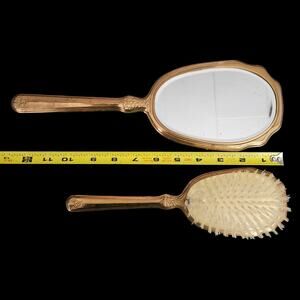 Vintage Gold Tone Vanity Mirror Brush Set Ornate Floral Design